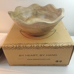 Mela Artisans Hand Carved Mango Wood Scalloped Wavy Rim Decorative Serving Bowl